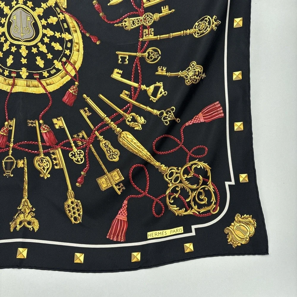 Hermes Scarf Silk Black Gold the Keys Print Square Les Kles 90 Carre France